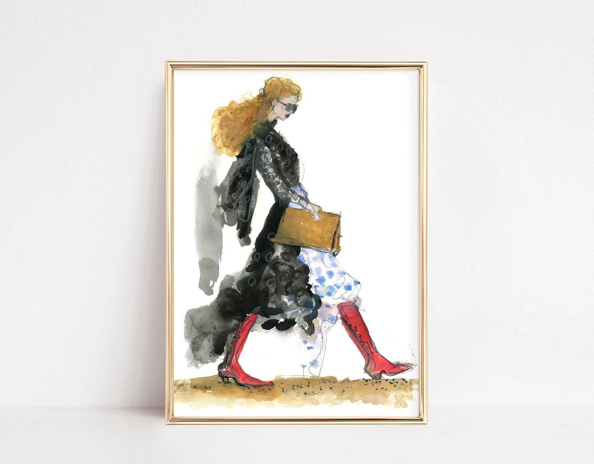 a painting of a woman walking with a suitcase