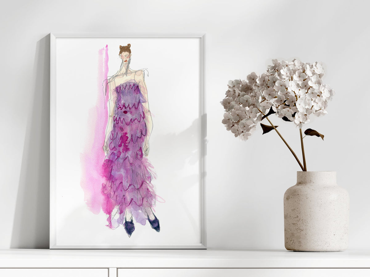 a painting of a woman in a purple dress next to a vase with flowers