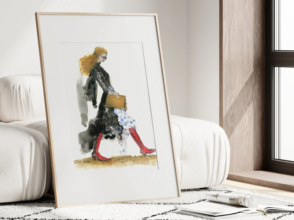 a watercolor painting of a woman walking down the street