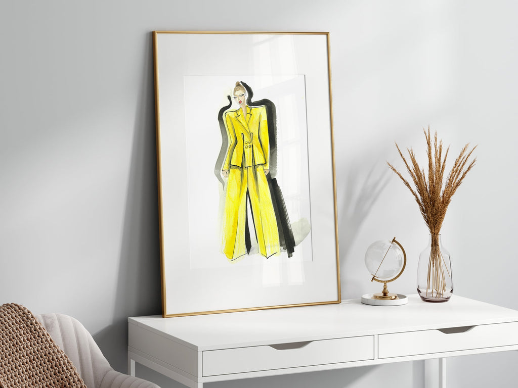 a picture of a woman in a yellow suit