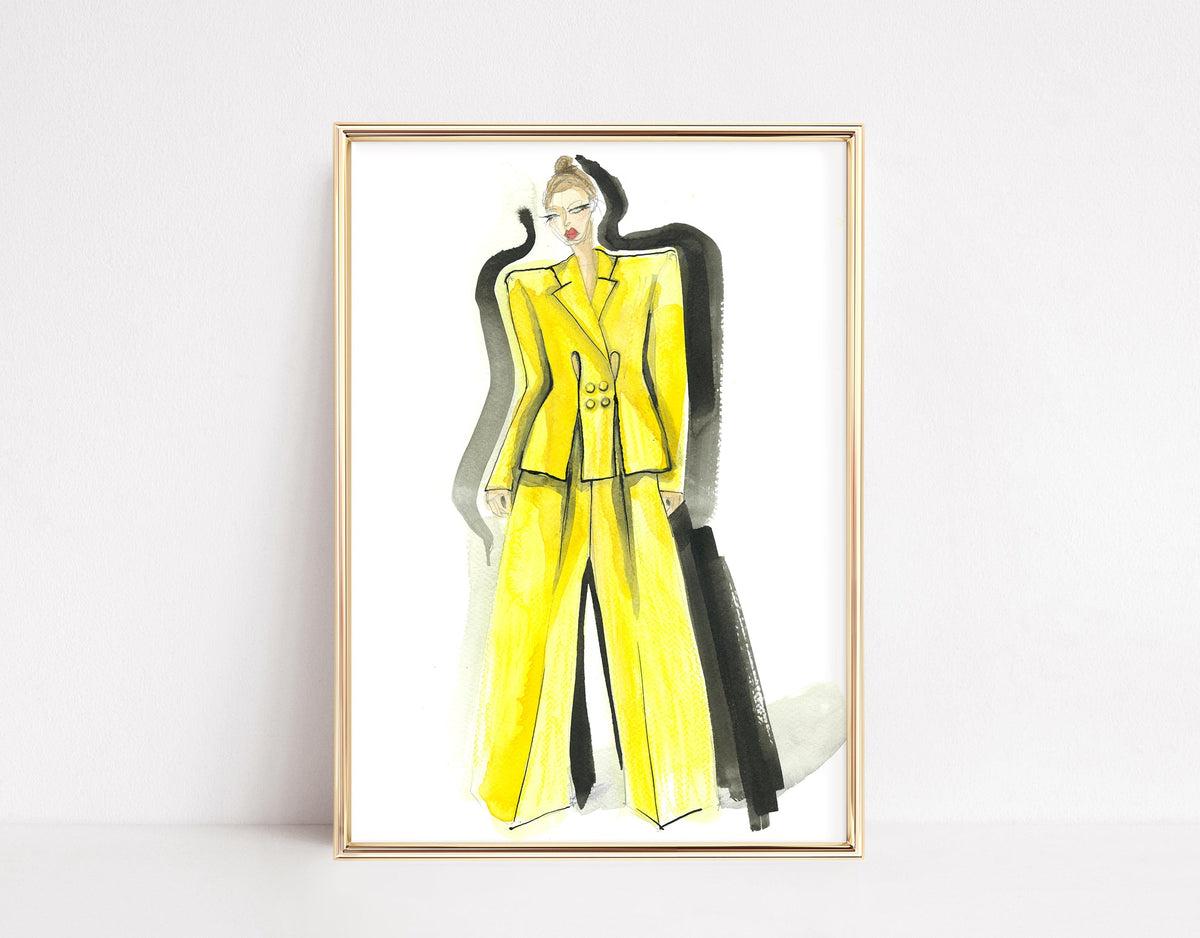 a painting of a woman in a yellow suit