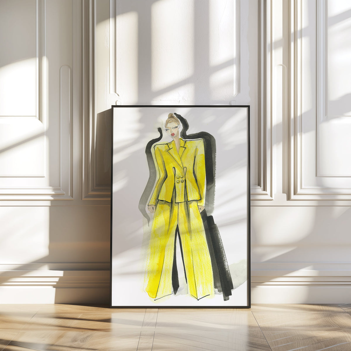 a picture of a woman in a yellow suit
