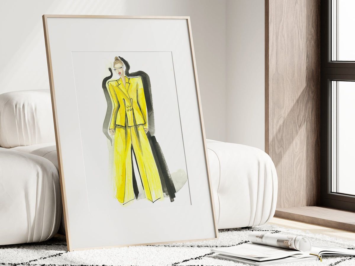 a picture of a woman in a yellow suit