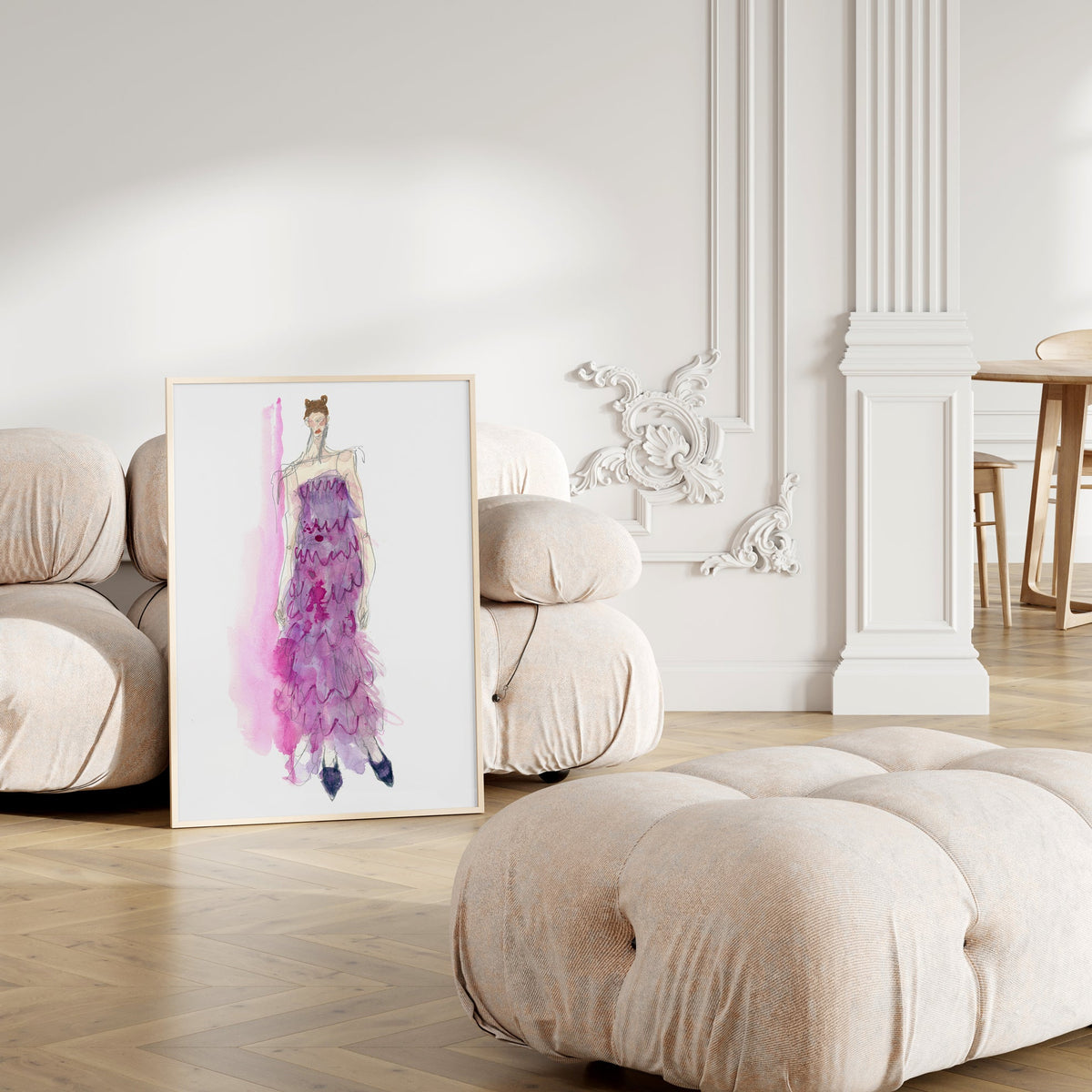 a picture of a woman in a pink dress in a living room