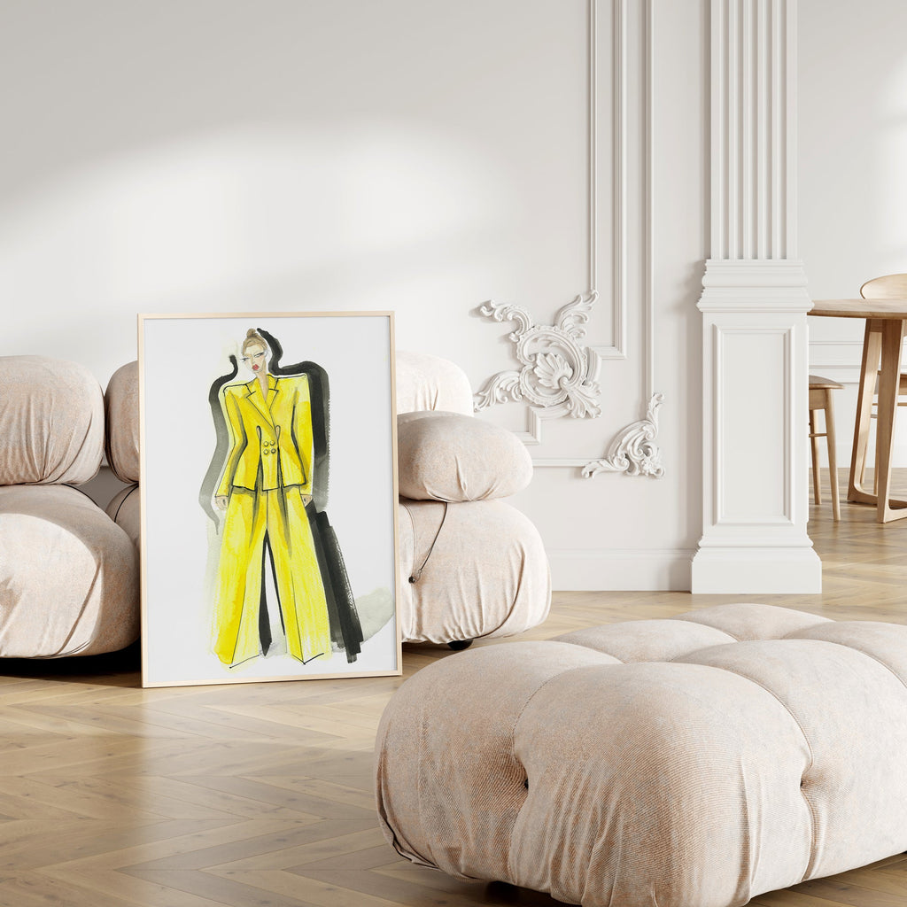 a picture of a woman in a yellow suit