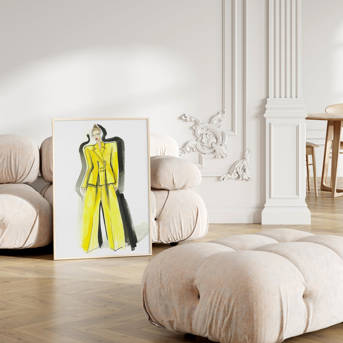 a picture of a woman in a yellow suit