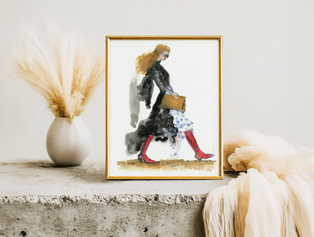 a painting of a woman walking down a street