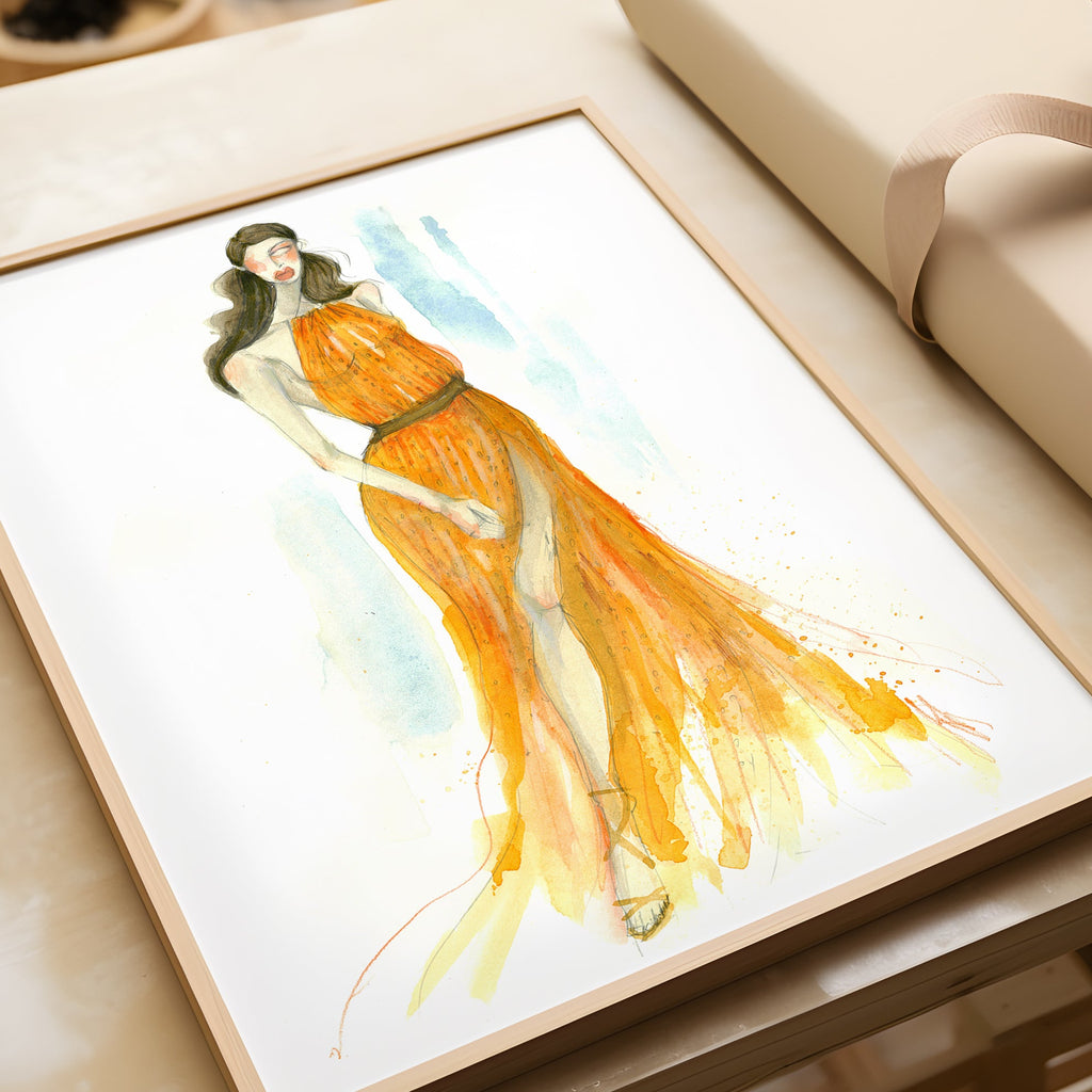 a painting of a woman in a long orange dress
