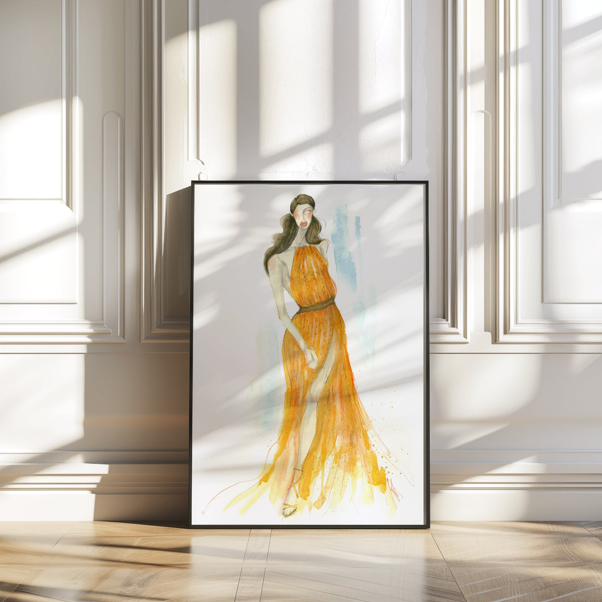 a picture of a woman in a long orange dress