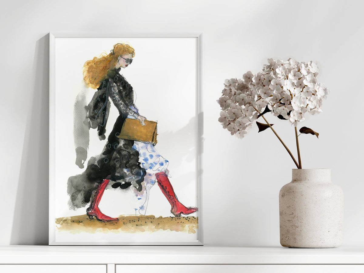 a painting of a woman walking with a suitcase