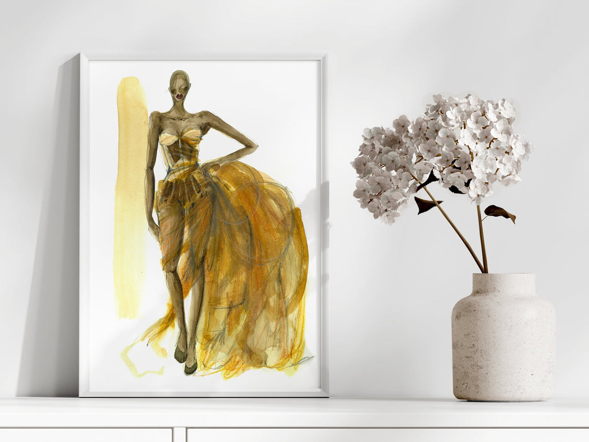 a painting of a woman in a yellow dress next to a vase with flowers