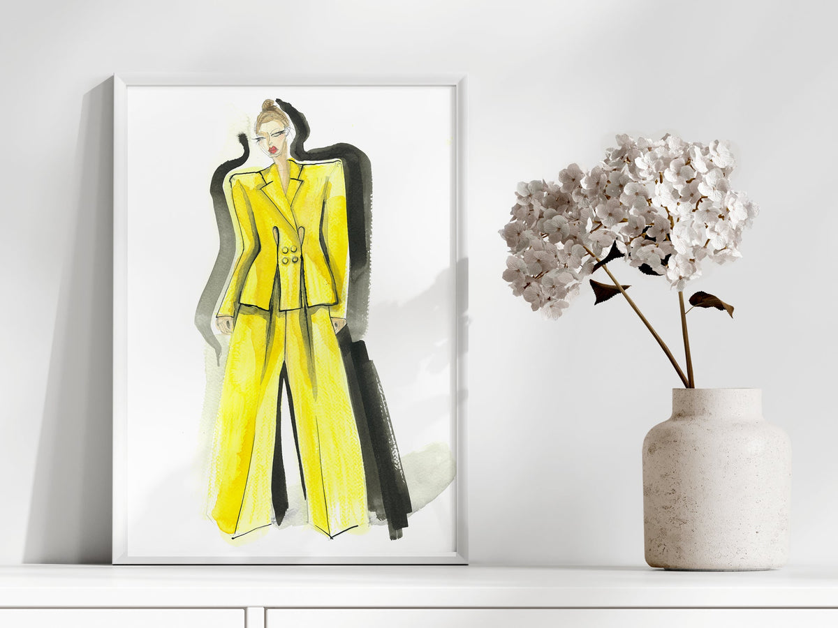 a painting of a woman in a yellow suit next to a vase of flowers