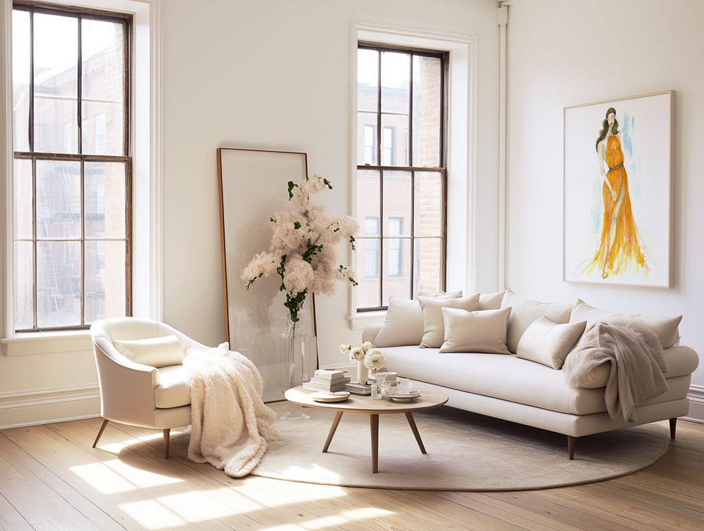 a living room with a couch, chair, coffee table and two windows