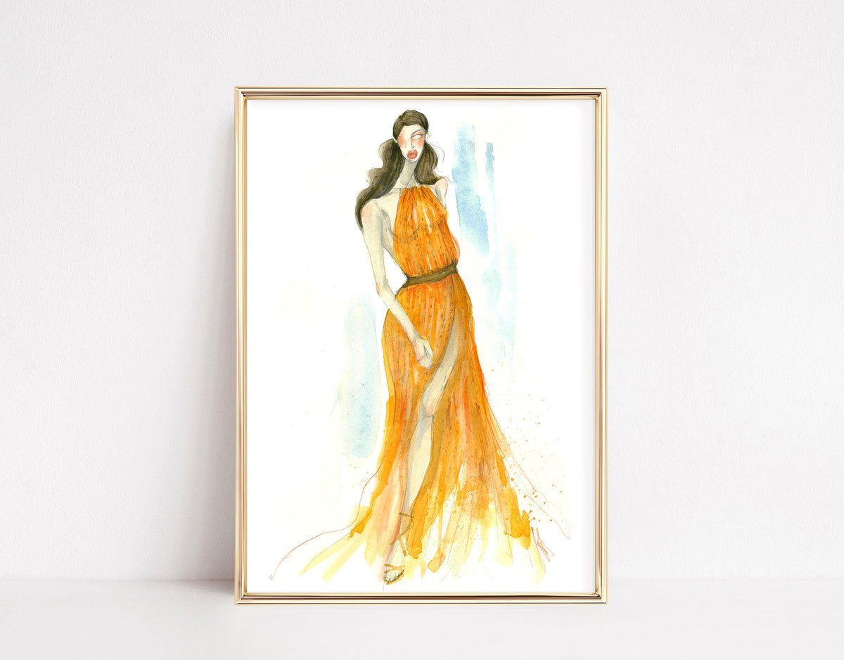 a watercolor painting of a woman in an orange dress