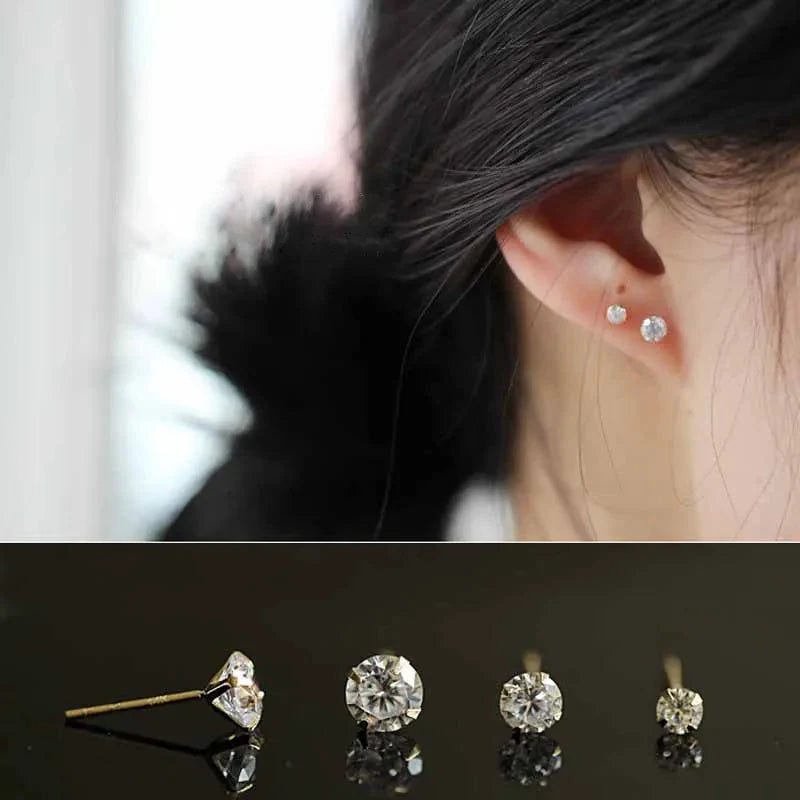 925 Sterling Silver 14k Gold Plated 3/4/5mm Zircon Stud Earrings