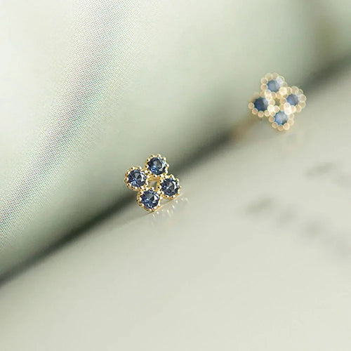 925 Sterling Silver 14K Gold Plated Blue Zircon Flower Stud Earrings
