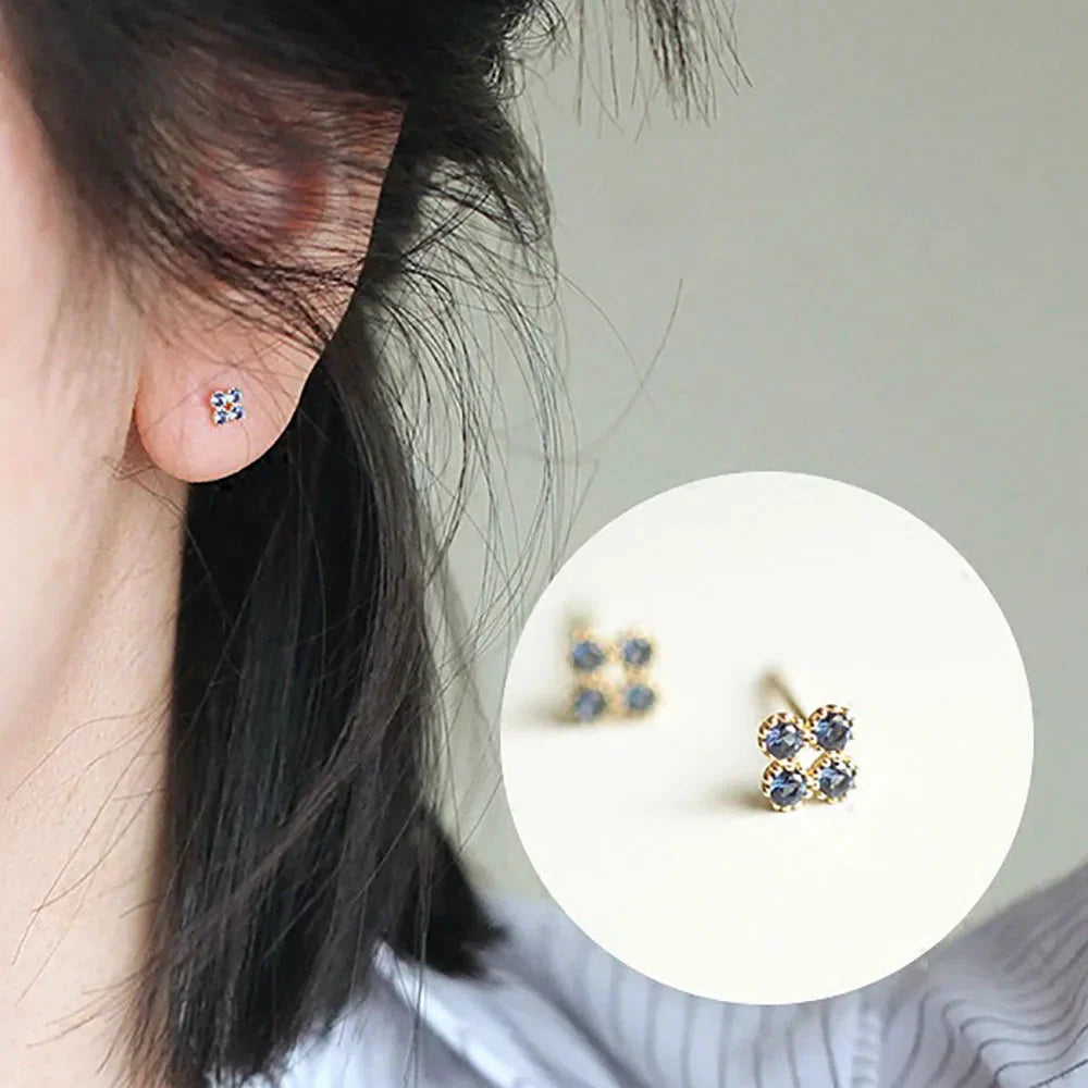 925 Sterling Silver 14K Gold Plated Blue Zircon Flower Stud Earrings