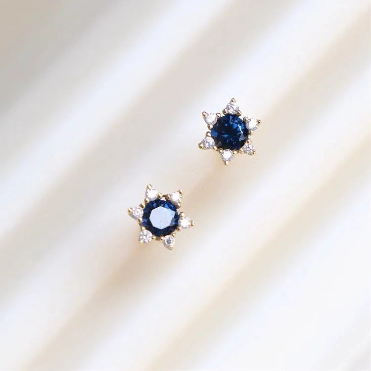 925 Sterling Silver 14k Gold Plated Blue Zircon Sun Stud Earrings