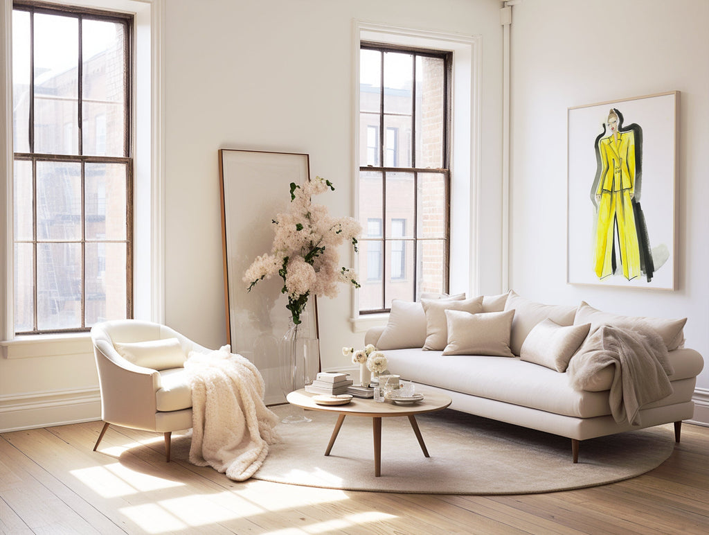 a living room filled with furniture and a painting on the wall