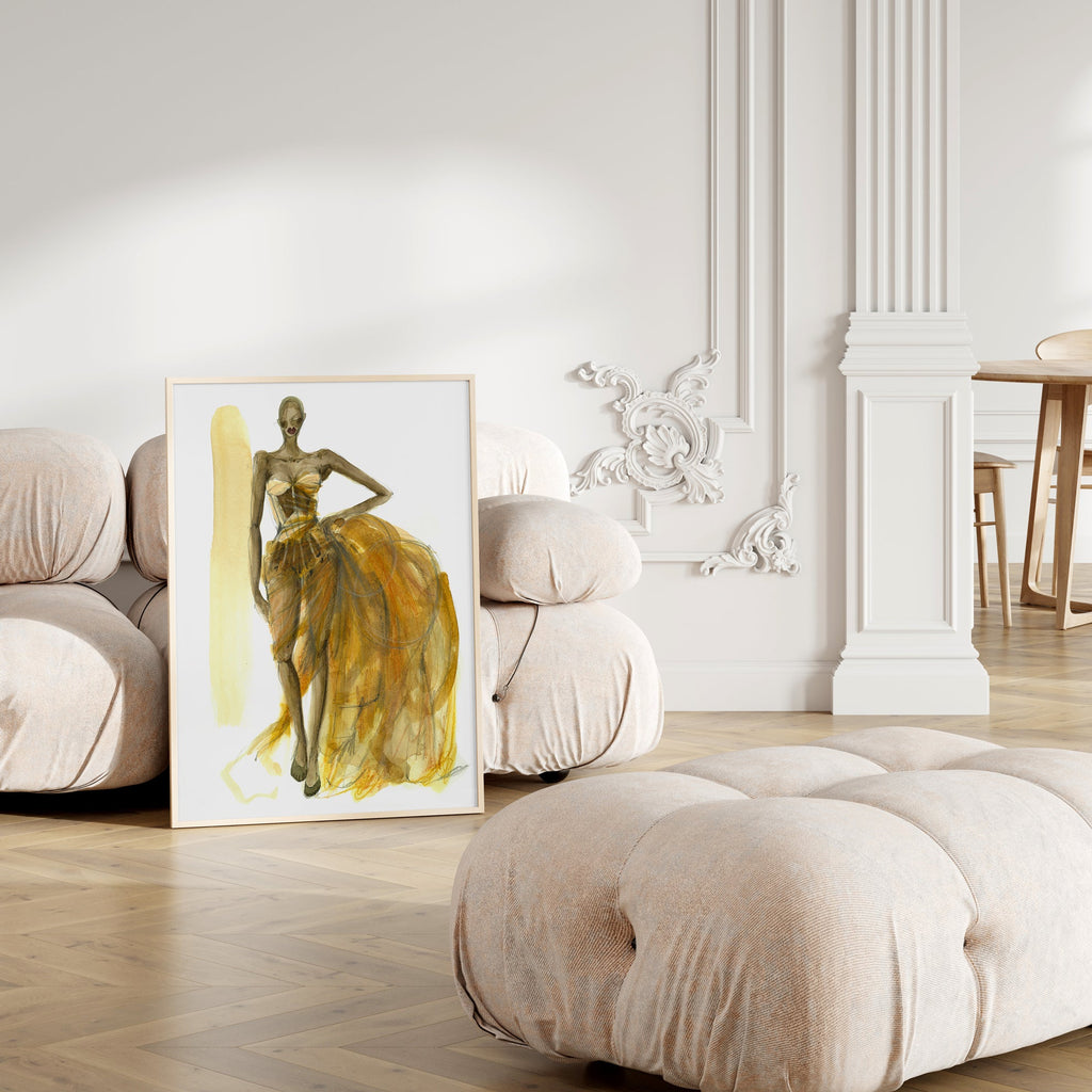 a picture of a woman in a dress on a chair