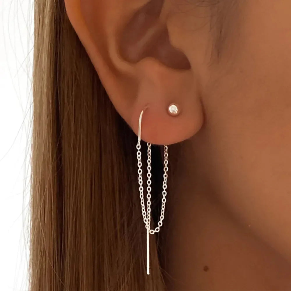 925 Sterling Silver 18k Gold Plated Zircon Chain Tassel Ball Stud Drop Earrings