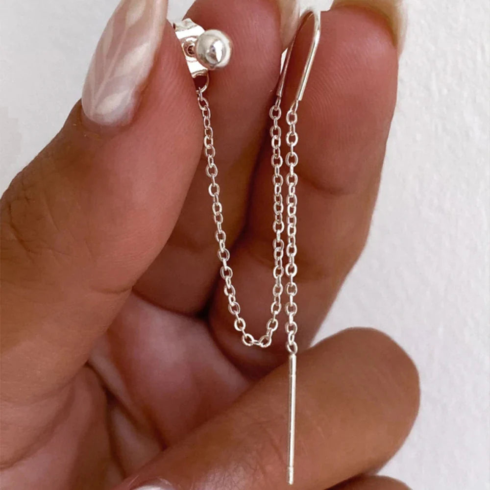 925 Sterling Silver 18k Gold Plated Zircon Chain Tassel Ball Stud Drop Earrings