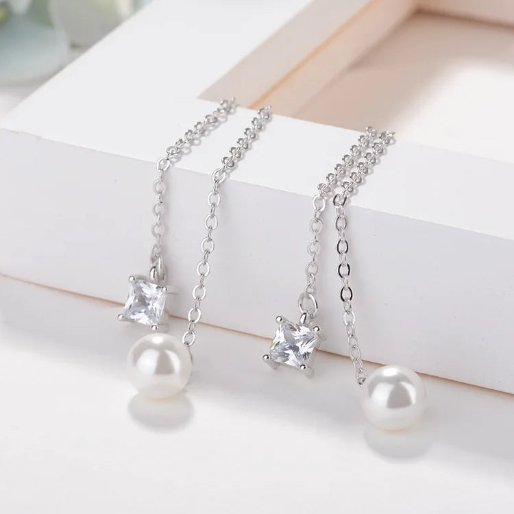 925 Sterling Silver Pearl Zircon Long Earrings