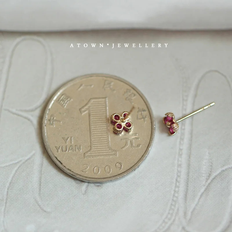 925 Sterling Silver 14k Gold Plated Flower Red Crystal Stud Earrings