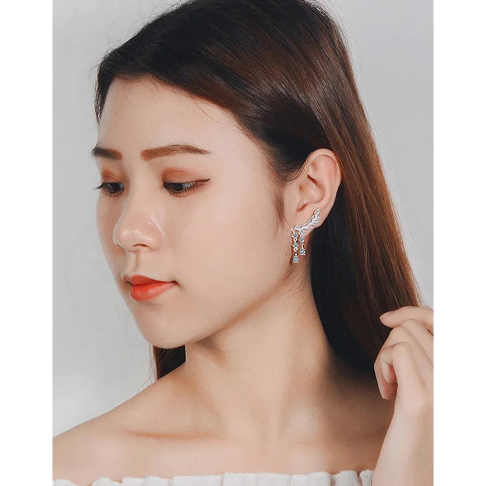 925 Sterling Silver Wings Zircon Tassel Long Stud Earrings