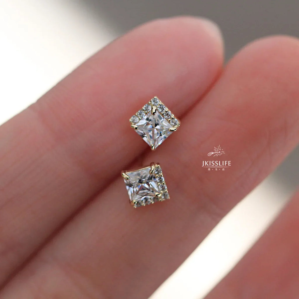 925 Sterling Silver 14k Gold Plated Square Zircon Korea Style Stud Earrings