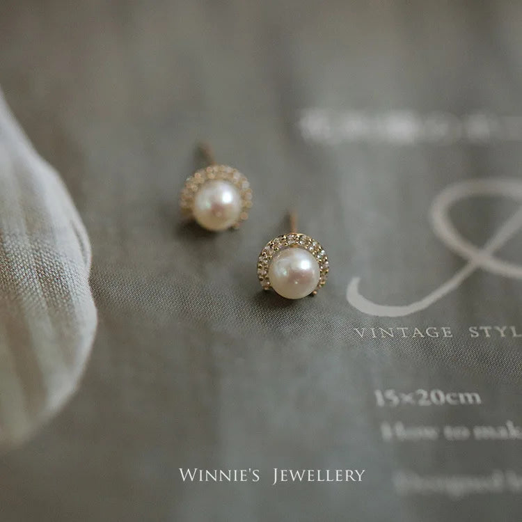 925 Sterling Silver14K Gold Shell Pearl Stud Earrings