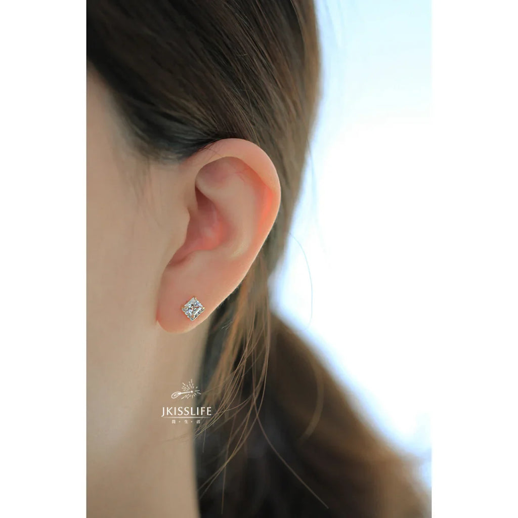 925 Sterling Silver 14k Gold Plated Square Zircon Korea Style Stud Earrings