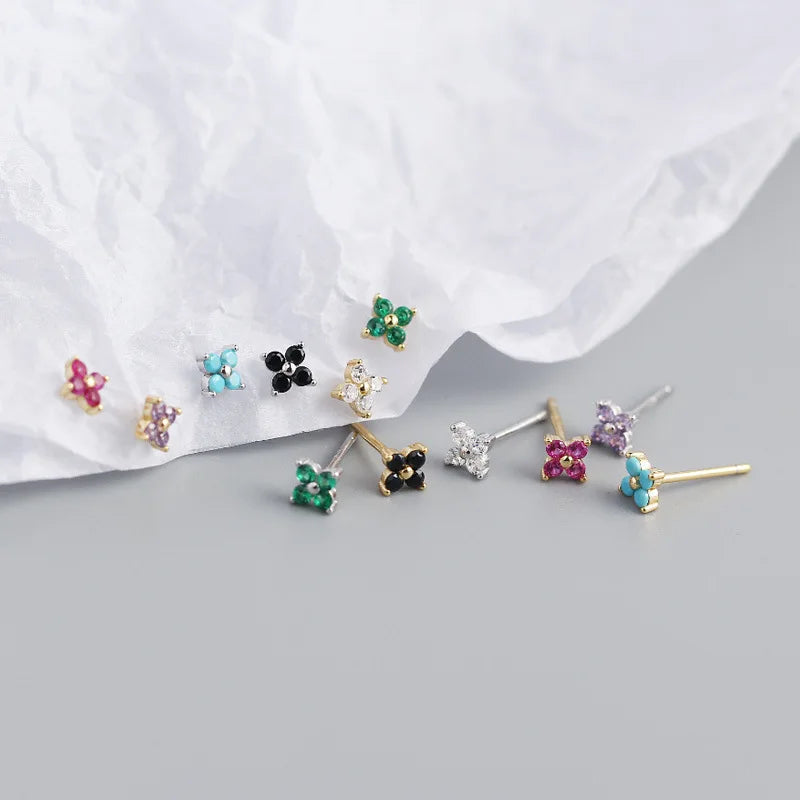 925 Sterling Silver 14k Gold Plated Colour Flower Zircon Stud Earrings