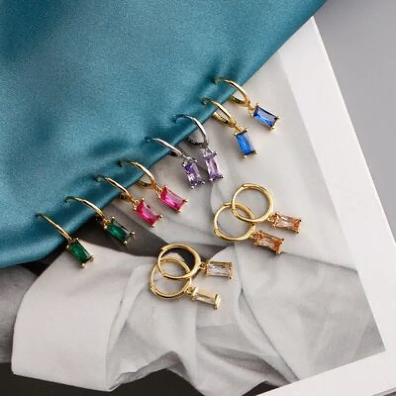 925 Sterling Silver Rectangle Zircon Ring Earrings