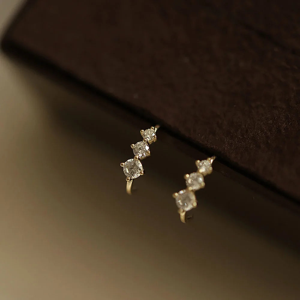 925 Sterling Silver 14k Gold Plated 3 Stone Zircon Stud Earrings