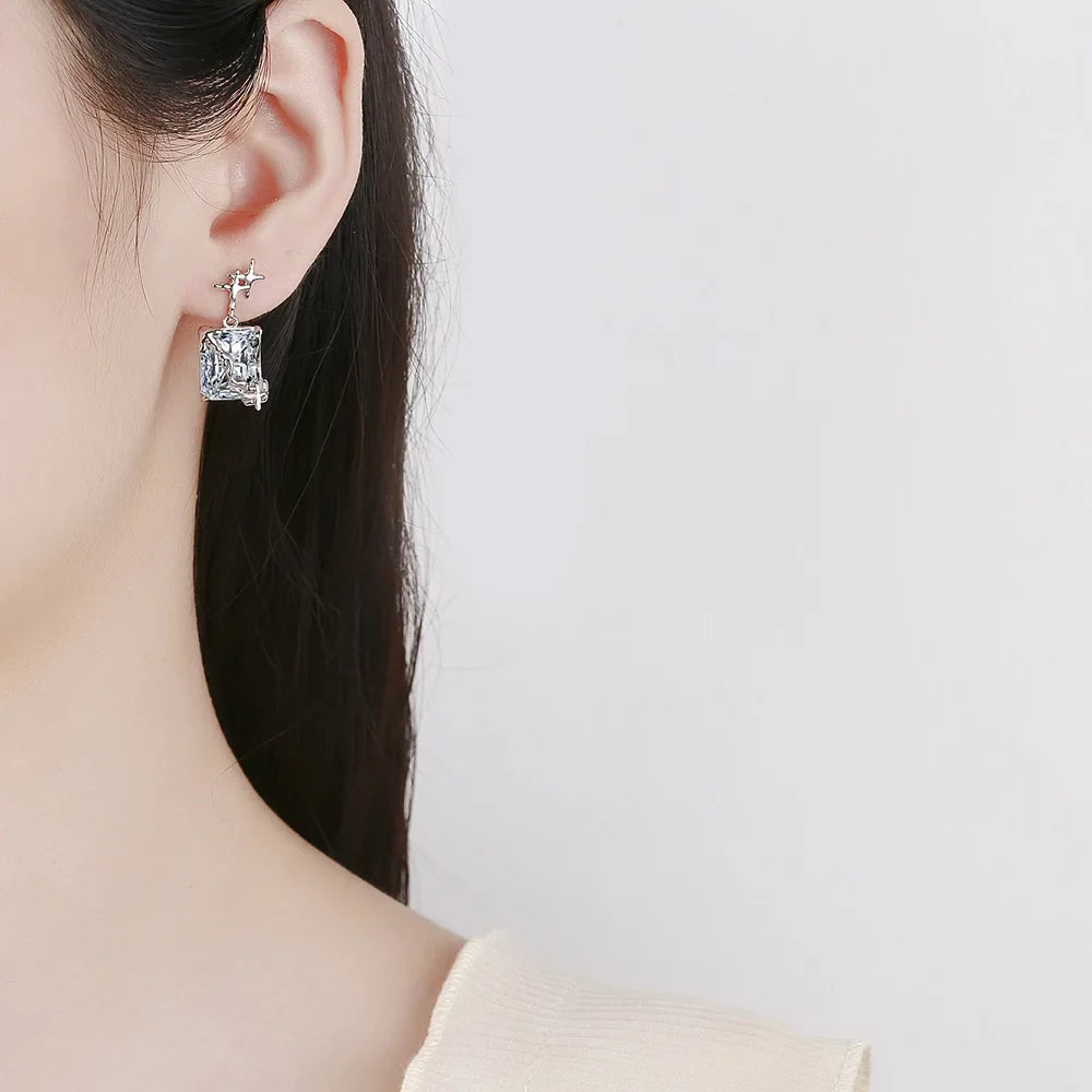 925 Sterling Silver Zircon Square Drop Dangle Earrings
