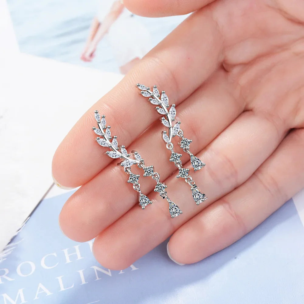 925 Sterling Silver Wings Zircon Tassel Long Stud Earrings