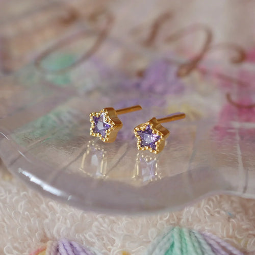 925 Sterling Silver 14K Gold Plated Purple White Star Zircon Stud Earrings