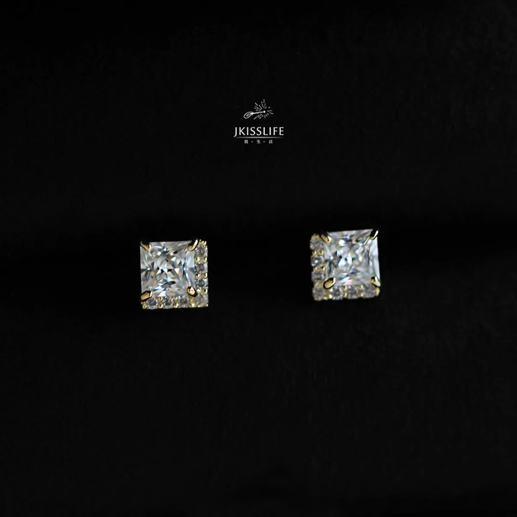 925 Sterling Silver 14k Gold Plated Square Zircon Korea Style Stud Earrings