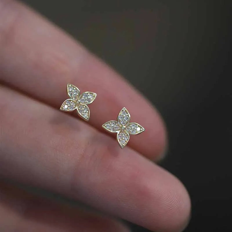14k Gold Plated 925 Sterling Silver Cross Flower Zircon Stud Earrings