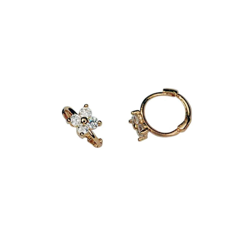 925 Sterling Silver 14k Gold Plated Four Leaves Flower Zircon Small Stud Earrings