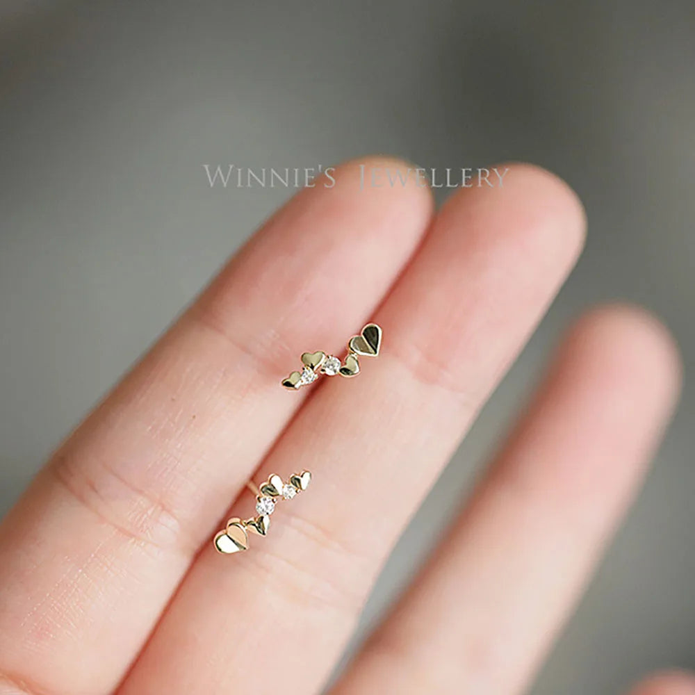 925 Sterling Silver 14k Gold Plated Four Heart Zircon Stud Earrings