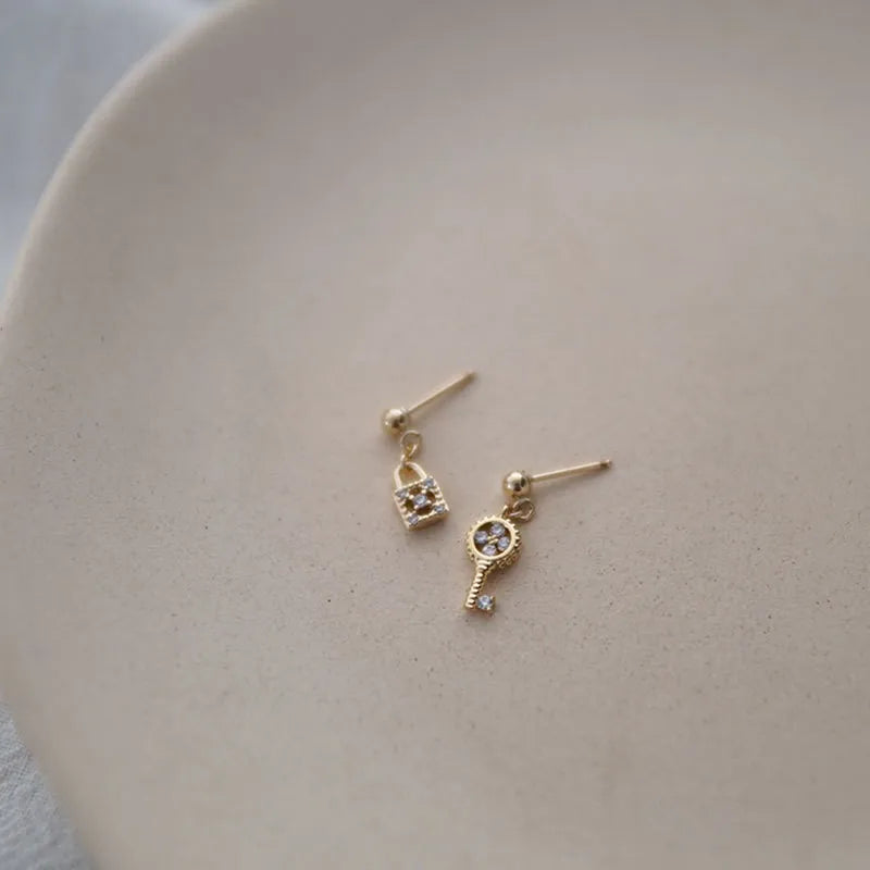 925 Sterling Silver 14k Gold Plated Key Lock Zircon Stud Earrings