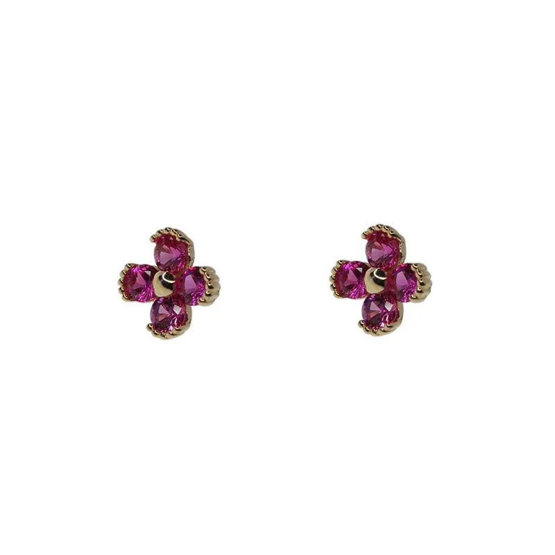 925 Sterling Silver 14k Gold Plated Flower Red Crystal Stud Earrings
