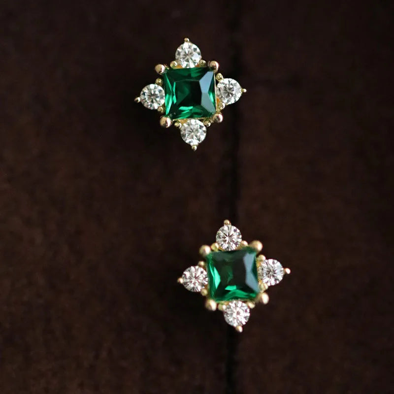 925 Sterling Silver 14k Gold Plated Green Zircon Small Stud Earrings
