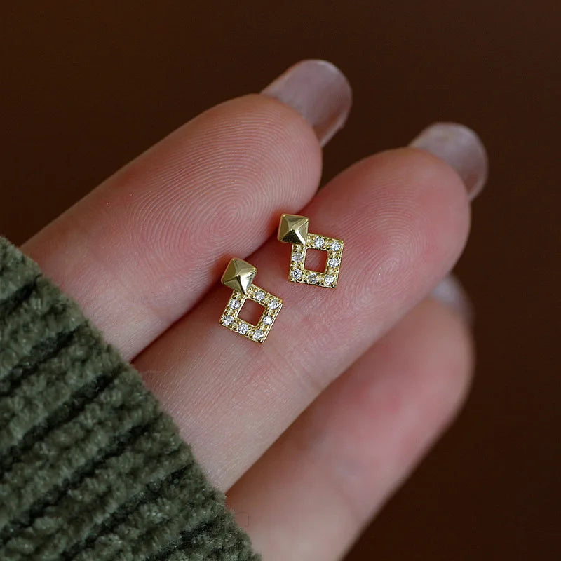 925 Sterling Silver 14k Gold Plated Square Geometry Zircon Stud Earrings