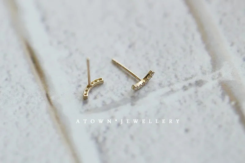 925 Sterling Silver 14k Gold Plated Curved Zircon Stud Earrings