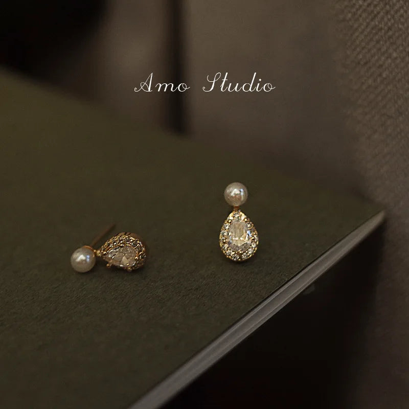 925 Sterling Silver 14k Gold Plated Pearl Water Droplets Stud Earrings