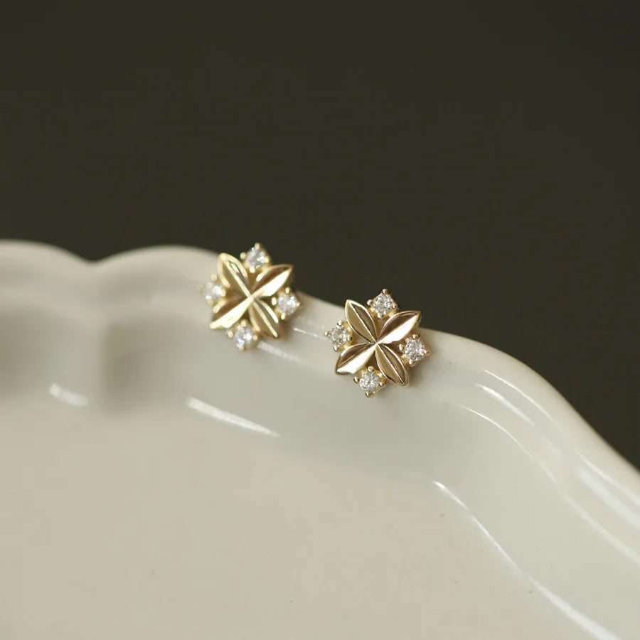 925 Sterling Silver 14k Gold Plated Cross Flower Small Stud Earrings