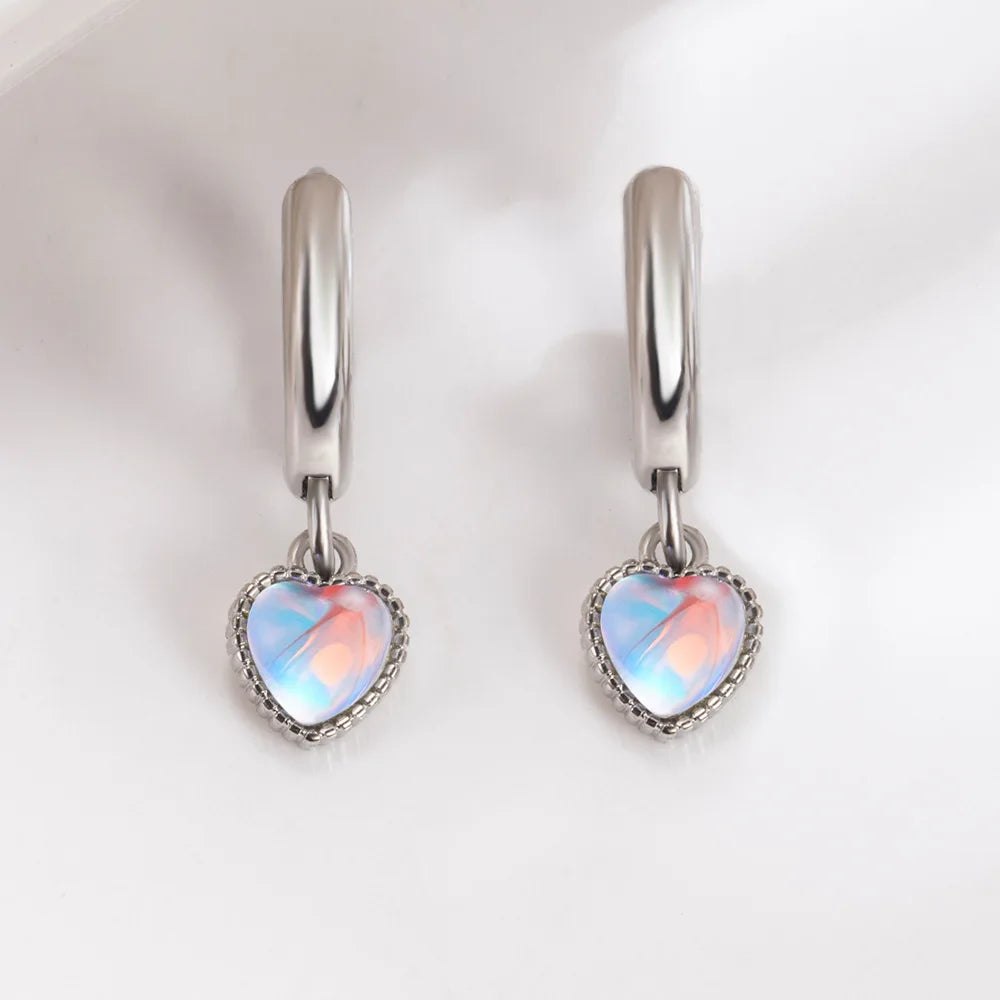 925 Sterling Silver Moonstone Heart Crystals Stud Earrings